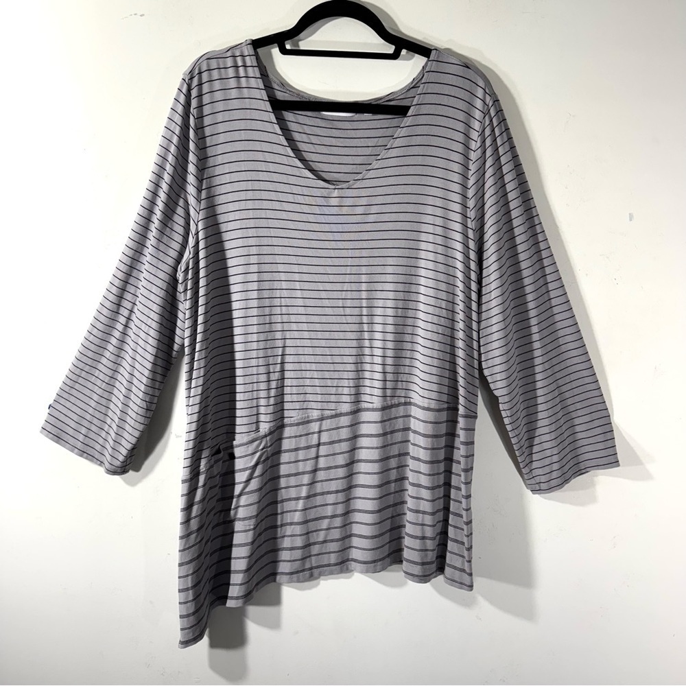 Habitat Womens Tunic Top XL Gray Striped Asymmetrical Lagenlook Boho Jersey Knit